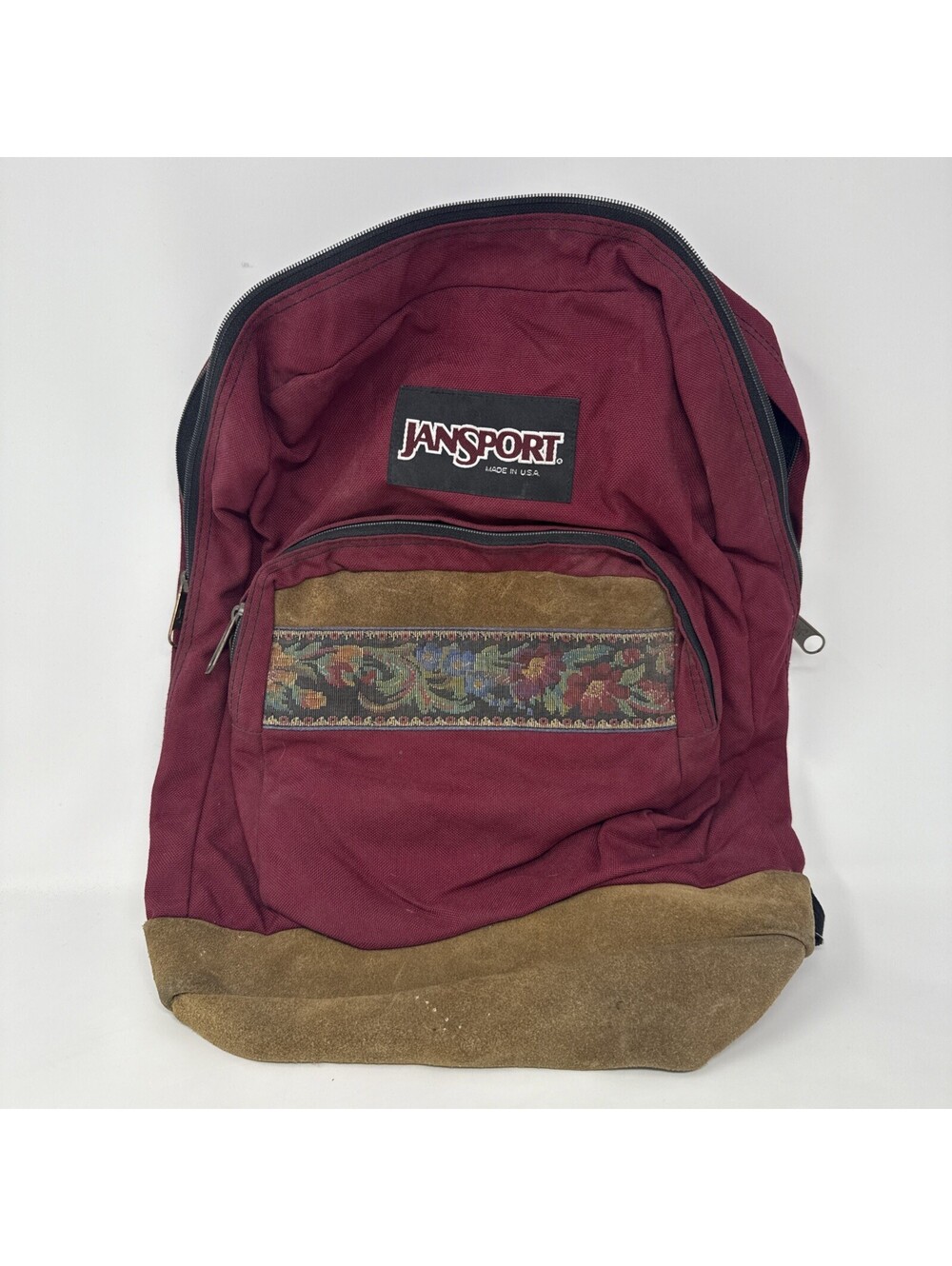 Vintage 90s Jansport Green Leather Bottom Floral Embroidered Backpack USA